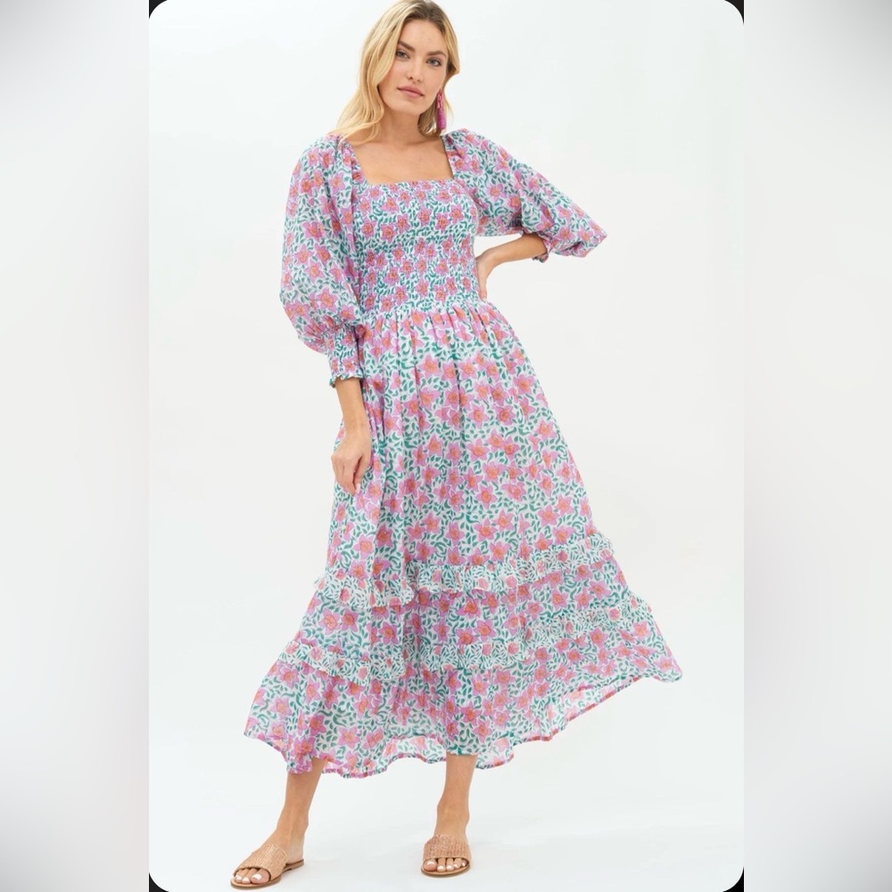 Oliphant Smocked Top Ruffle Tiered Maxi Dress sz Medium M